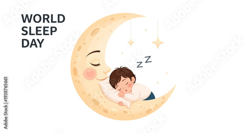 Illustration of a child sleeping peacefully on a crescent moon with z's and stars, symbolizing World Sleep Day and healthy sleep concept with a soft, dreamy mood.
