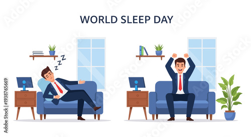 Vector illustration of two businessmen experiencing insomnia and sleep disorders on World Sleep Day, promoting healthy sleep concept and awareness campaign with a design focused on global