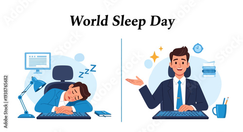 Illustration of a man struggling with insomnia concept on World Sleep Day, contrasting a good night's sleep with a productive workday in a healthy lifestyle sleep awareness campaign.