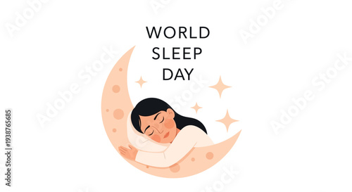 Illustration of a woman sleeping on a crescent moon with stars, promoting World Sleep Day and healthy sleep awareness in a dreamy design.