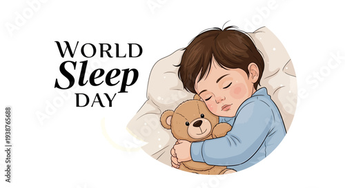 Illustration of a child sleeping with a teddy bear on World Sleep Day, promoting healthy sleep concept and awareness campaign with a soothing mood.