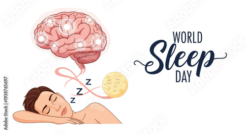 Illustration of a man sleeping peacefully with a brain above him surrounded by z's on World Sleep Day with a design promoting healthy sleep concept and awareness.