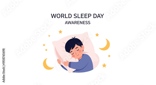 Illustration of a person sleeping peacefully on World Sleep Day, surrounded by crescent moons and stars, promoting healthy sleep awareness and a good night's rest in a calming design.