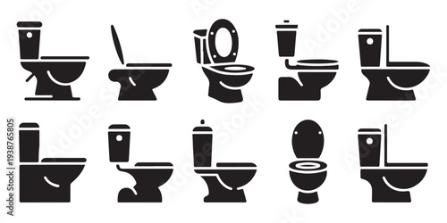 Various toilet icons with open and closed lids and seats, representing bathroom fixtures and sanitary ware