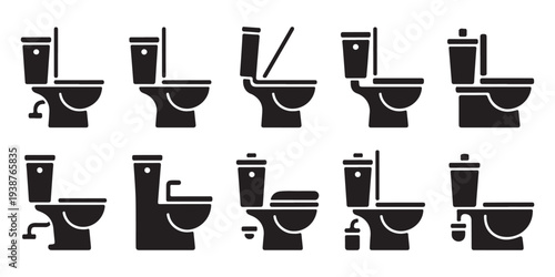 Set of toilet icons showcasing different models, including those with brushes and hygiene accessories