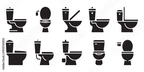 Toilet bowl icons set with various designs and shapes solid black vector illustration for bathroom plumbing
