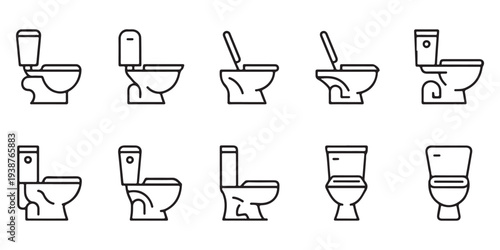 Minimalist toilet line icons featuring front and side views for modern bathroom architectural representation