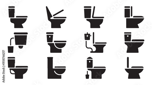 Black silhouette icons of various toilet models displaying different angles and features