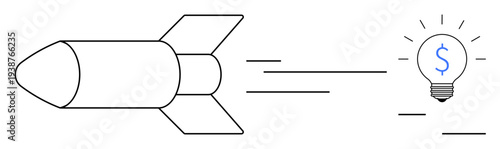 Startup growth, innovation strategy, entrepreneurship concepts, financial success, technology advancement, creative solutions. A rocket speeding towards a dollar sign inside a lightbulb. Startup