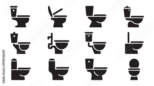 Set of black toilet bowl icons in various shapes and side views for bathroom design and plumbing illustration