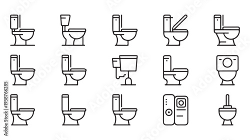 Linear toilet icons showing different ceramic models and bathroom fixtures for architectural planning project
