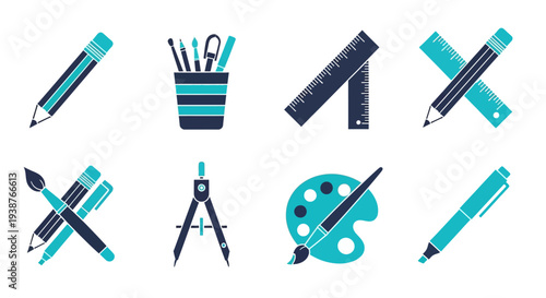 Assorted art supplies including pencils, pens, and paintbrushes arranged in a grid on a clean white background