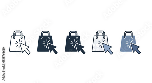 A series of shopping bags with cursor pointers clicking on them, representing online purchases and digital transactions.