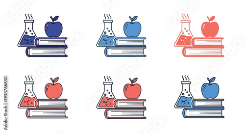 Set of colorful icons featuring apples and books on a stack, representing education and learning, in a graphic illustration style from a straightforward viewpoint