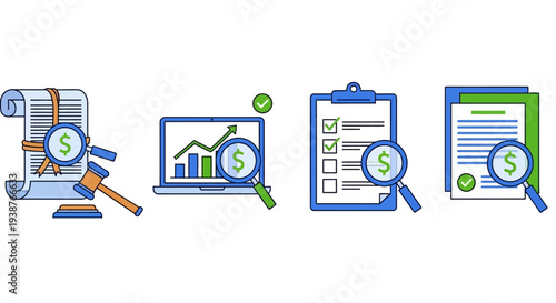 Financial documents and graphs being analyzed with magnifying glass for audit and review purposes