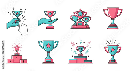 Collection of colorful trophy icons, awards, and medals on a plain background viewed from directly above