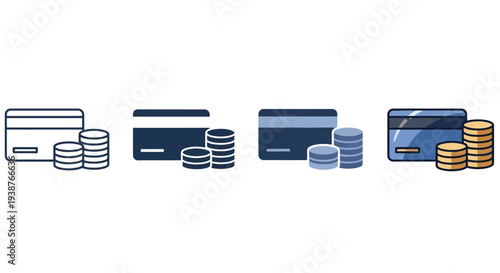 Illustration of various credit cards and stacks of coins, showcasing financial transaction methods and currency, from a straightforward viewpoint.