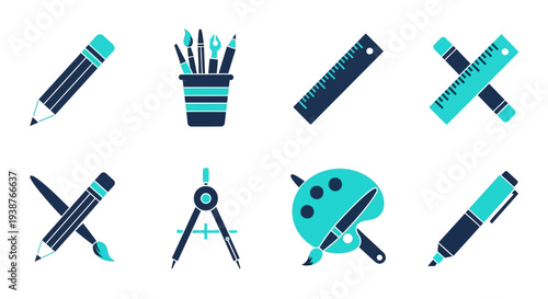 Assorted art supplies including pencils, pens, brushes, and a palette, arranged neatly on a clean surface, viewed from directly above.