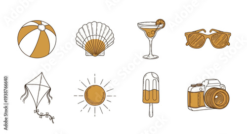 Summer vacation illustration featuring beach accessories and leisure activities on a white background from a straightforward viewpoint