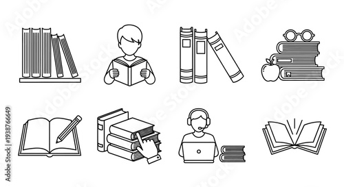 A collection of educational icons illustrating learning and literacy surrounded by books and digital tools in a simple graphic style viewed from a straightforward perspective.