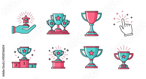 A collection of colorful trophy icons and symbols representing achievement and success