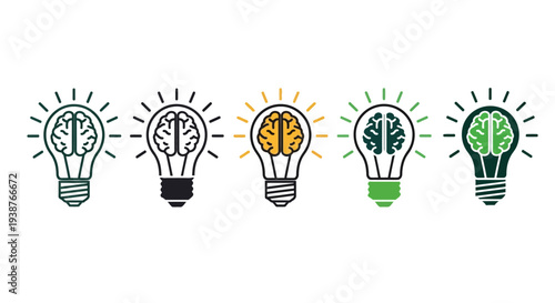 A row of colorful lightbulbs with brain illustrations, symbolizing ideas and innovation, on a clean background.