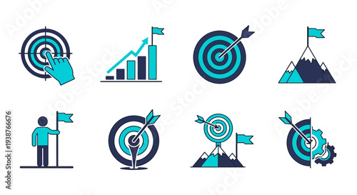 Achieving success with target focus and strategy icons representing goals and progress in business and personal growth