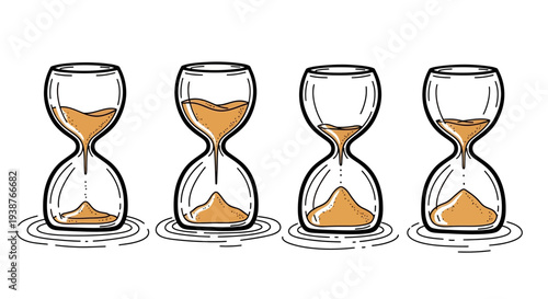 Four hourglasses with sand flowing, representing time passing, in a row, viewed from the side
