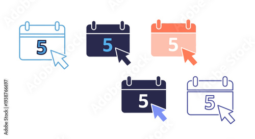 Multiple calendar icons with the number five and cursor pointers in various colors