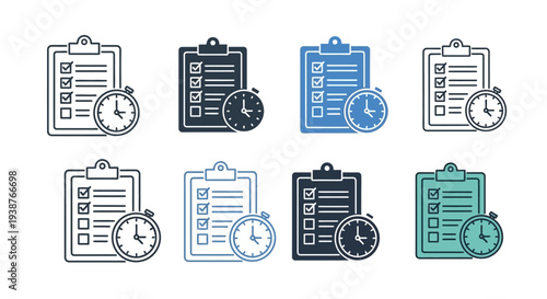 Various clipboard icons with clocks displayed in a grid arrangement showcasing different styles and colors