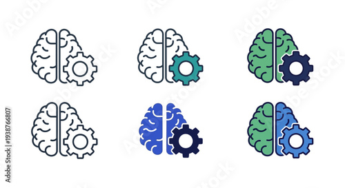 Illustration of Brain with Gears Icon Set Showing Cognition and Innovation from Various Angles