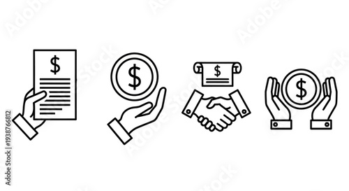 Hands holding documents, coins, and shaking hands in business transactions from a straightforward view