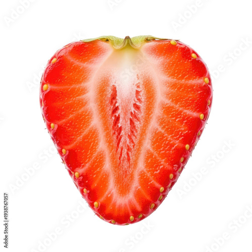 Close up macro view of a vibrant red strawberry cut in half revealing juicy white flesh and seeds isolated on a transparent background