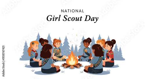 Illustration of a group of young girls sitting around a campfire on National Girl Scout Day with a scenic forest background.