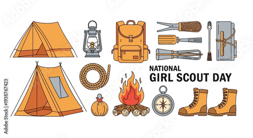 Illustration of camping gear and Girl Scout Day elements on a clean white background, celebrating the girl scouting movement with a vector design.