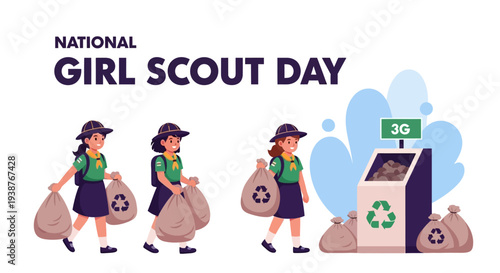 Illustration of Girl Scouts collecting trash in bags for recycling on National Girl Scout Day with a recycling bin.