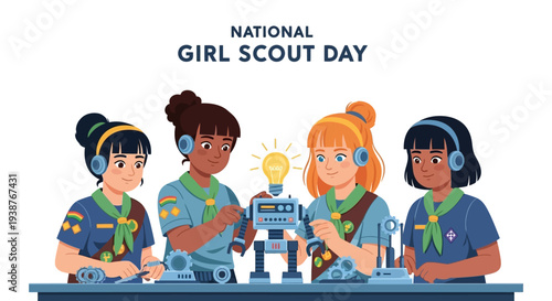 Illustration of four diverse Girl Scouts in uniform working on a robotic device with a lightbulb on National Girl Scout Day, conveying a joyful and innovative mood.