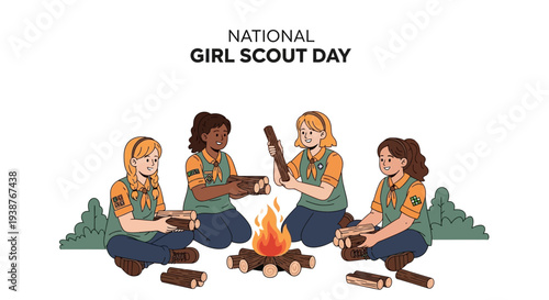 Illustration of four Girl Scouts sitting around a campfire in green vests and blue pants on National Girl Scout Day with a vector design style.