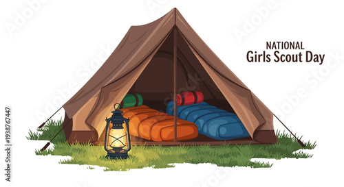 Illustration of a tent with sleeping bags and a lantern for National Girl Scout Day celebration with a design element.