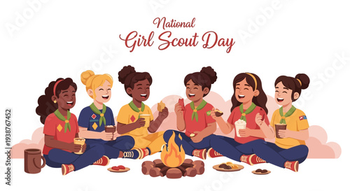 Illustration of diverse girls in scout uniforms sitting around a campfire on National Girl Scout Day with a celebratory mood.