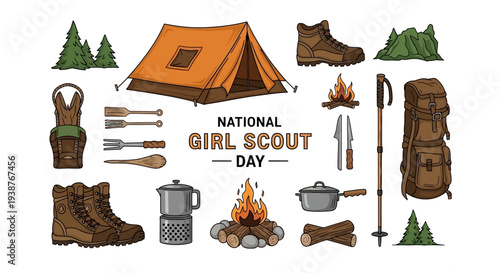 Illustration of camping gear and text 'National Girl Scout Day' in a colorful, flat design celebrating the girl scouting movement.