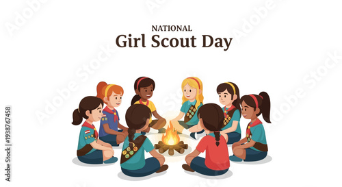 Illustration of diverse Girl Scouts sitting in a circle around a campfire on National Girl Scout Day with a colorful and lively design.