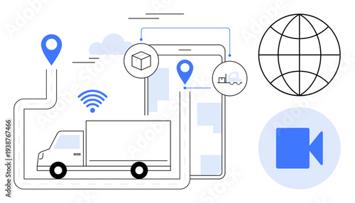 Logistics, supply chain, transportation, global delivery, digital communication, tracking technology. Truck with GPS and icons thumbs up globe and camera. Logistics and supply chain technologies