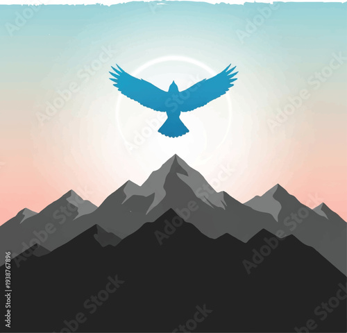 Blue Bird Flying Over Mountains Illustration.