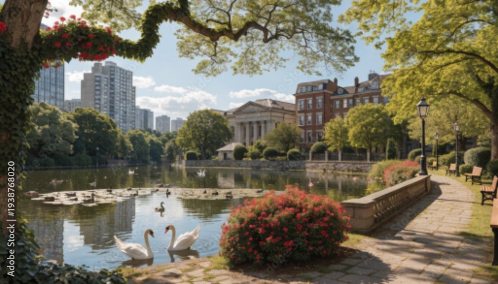 Obraz premium Beautiful City Park Lake with Swans and Urban Skyline