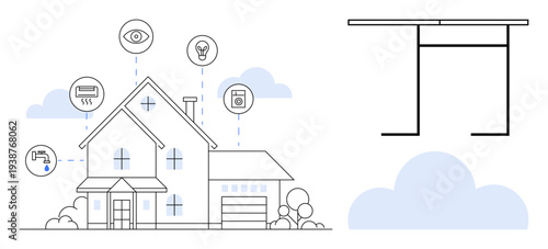 Smart homes, IoT, energy monitoring, home security, technology integration, digital living. House connected to various smart devices by icons. Smart home and IoT concept