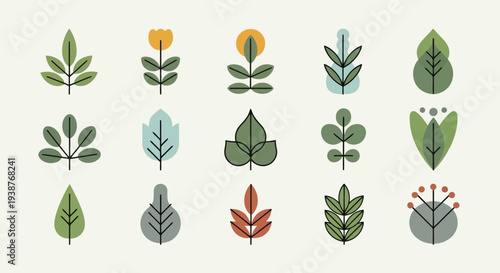 A collection of various plant and flower icons in different colors and styles