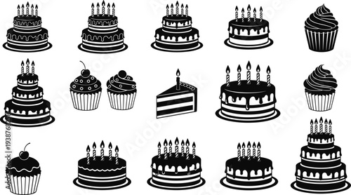 Collection of various birthday cakes and delicious cupcakes depicted as black silhouette icons, ideal for bakery menus, event branding, party decorations, and festive designs.