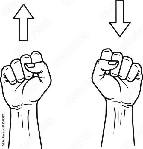 Conceptual illustration of two human fists raised upward and pointing downward, symbolizing opposing directions, conflict, binary choices, decision making, or power struggle in minimalist style.