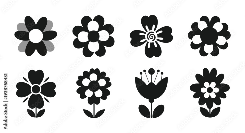 Fototapeta premium A collection of various stylized flower icons in black and white